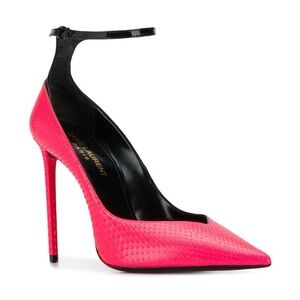 Saint Laurent Zoe 105 Ankle Strap Leather Snakeskin Pointed Toe Pump Heels Neon